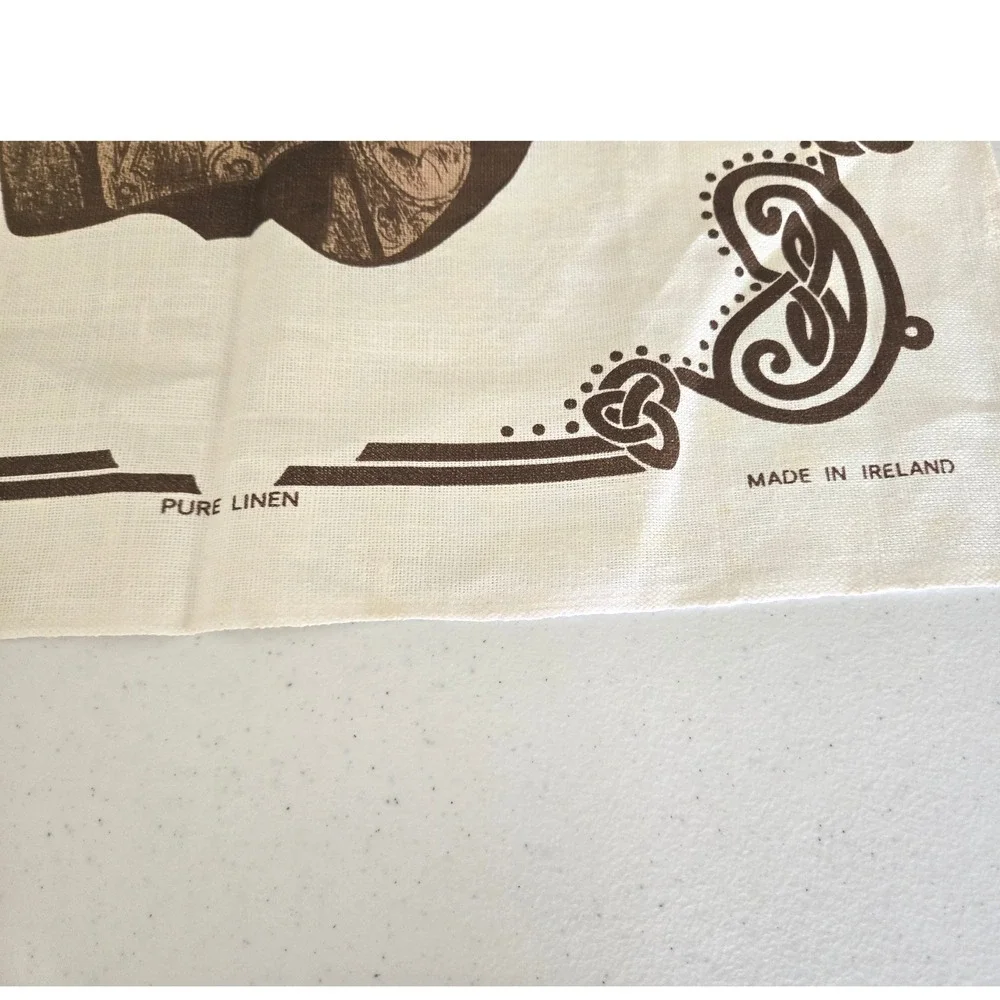 Vintage Fingal Tea Towel Cream Brown Irish Linen Harp Celtic Knot Ireland 18x30